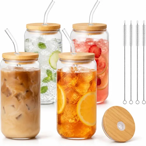 Vista 17 de Tazas de vidrio con tapas y pajitas de 16 onzas, set de 16 – Tazas de café helado para fiestas navideñas, reuniones familiares y anfitrionaje diario