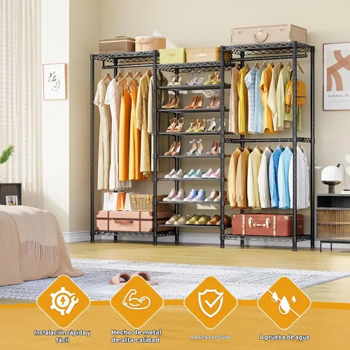 Vista 3 de ULIFHOME E16 - Perchero de ropa resistente (con zapatero ajustable de 7 niveles), perchero independiente para colgar ropa, organizador de Negro