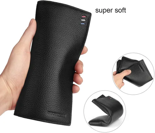 Vista 5 de BISON DENIM Carteras RFID plegables para tarjetas de crédito billetera larga de cuero real para hombre con bolsillo con cremallera para monedas
