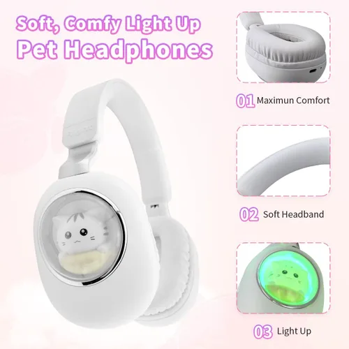Vista 4 de Auriculares inalámbricos con luces LED, auriculares para niños con Bluetooth iluminado sobre la oreja con micrófono y tarjeta SD para la escuela