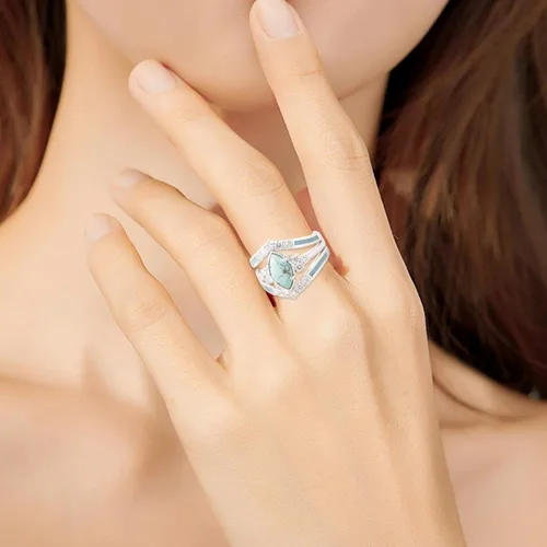 Vista 4 de Anillos de diamantes turquesa de 3 piezas para mujer de plata de ley natural anillos de joyería simples de moda