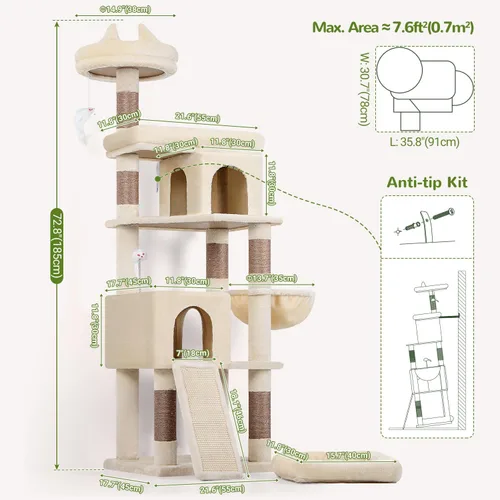 Vista 7 de Globlazer Árboles para Gatos de Servicio Pesado para Gatos Grandes, Árbol para Gatos Maine Coon Resistente de 72 pulgadas para Gatos Grandes de 20+