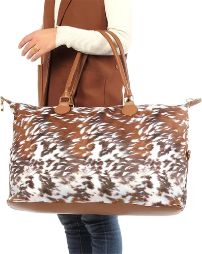 Vista 3 de Bolsa de fin de semana para mujer, bolsa de viaje grande con correa para el hombro, vaca y leopardo