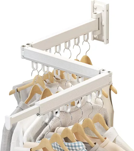 Vista 9 de Estante de secado de ropa montado en la pared, estante de secado de ropa plegable, estante de secado plegable retráctil para colgar ropa