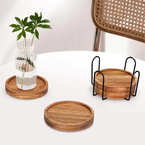 Vista 7 de 4 posavasos de madera de granja con soporte, lindo juego de posavasos de madera para bebidas al aire libre, decoración del hogar, decoración de mesa