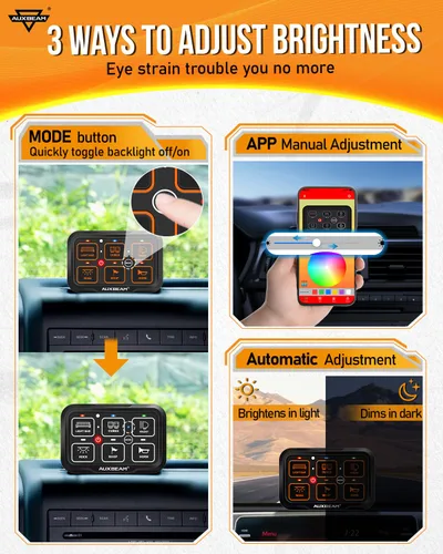 Vista 4 de Auxbeam Panel de interruptores de 6 bandas Bluetooth AR-600 RGB con botón grande, interruptor auxiliar con interruptor de palanca momentáneo