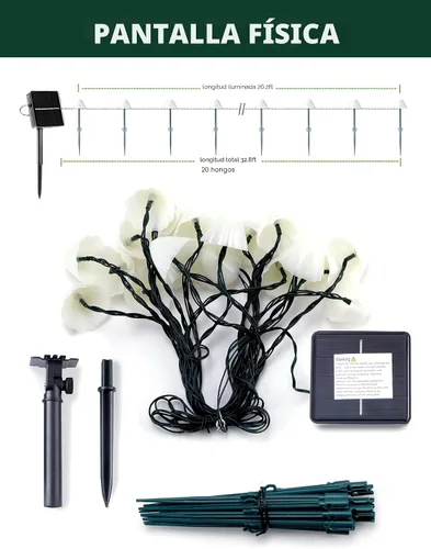 Vista 6 de Luces solares de jardín en forma de hongo para exteriores, 20 LED 32.8 FT luces solares para caminos al aire libre impermeables para cerca con 8