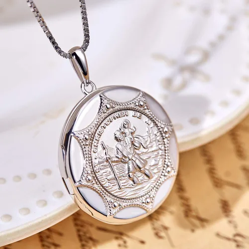 Vista 2 de YL Collar de San Cristóbal de plata de ley 925 grabado personalizado medallón protector religioso antiguo colgante de talismán medallaencajadoocket