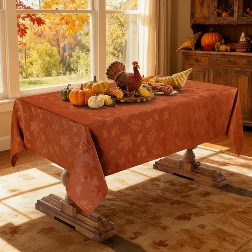 Vista 6 de Smiry Mantel rectangular de damasco impermeable de 60 x 102 pulgadas, patrón de hojas, manteles de tela jacquard para fiestas y cenas de vacaciones