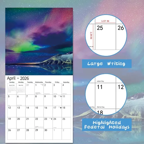 Vista 3 de Calendario de pared 2026, calendario 2026, julio de 2025 a diciembre de 2026, calendario de pared Aurora, 12 x 24 pulgadas abierto, página completa