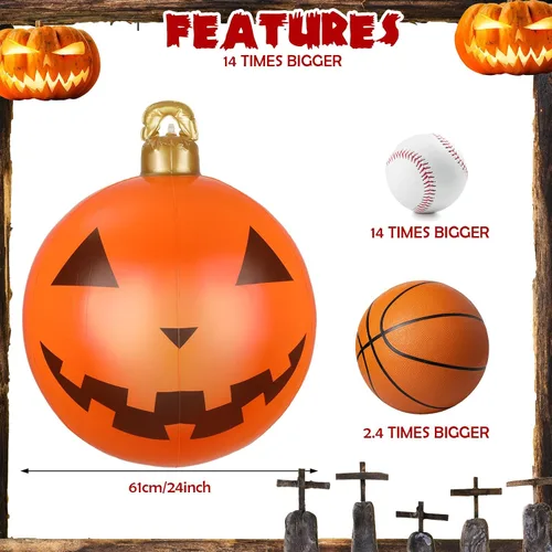 Vista 2 de Jetec 2 piezas inflables de Halloween de 24 pulgadas, decoración al aire libre de PVC colgante de calabaza gigante para árbol, feliz Halloween