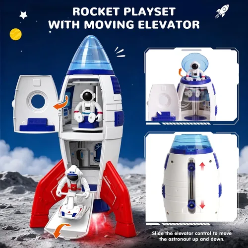 Vista 2 de AuntyFey Space Rocket and Shuttle Toy Set para niños con 2 figuras