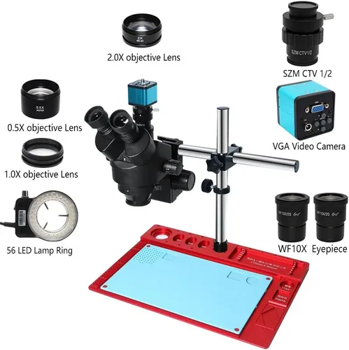 Vista 4 de Kit de accesorios para microscopio 3.5X-90X Simul Focal Trinocular Microscopio estéreo VGA 1080P VGA 38MP HDMI Digital USB Microscopio Cámara CTV