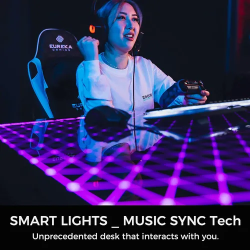 Vista 9 de EUREKA ERGONOMIC Escritorio de Juegos en Forma de L Reversible de 60 Pulgadas de Vidrio Negro con Luces LED RGB, Mesa de Computadora para Oficina