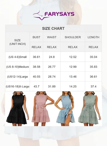 Vista 6 de FARYSAYS - Vestido corto sin mangas con volados cuello redondo y lazo en la cintura para mujer vestido casual corto con falda estilo campana