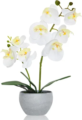 Vista 9 de Orquídea Artificial Flor Naranja en Maceta Blanca, Orquídea Phalaenopsis Sintética de Tacto Real para Decoración de Boda, Hogar, Oficina, Fiesta