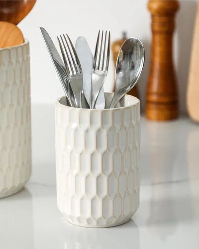 Vista 8 de Portautensilios, 7.3"+5.4" Portautensilios de Cerámica para Cocina para Encimera, Recipiente Grande para Utensilios de Cocina para Encimera de Beige