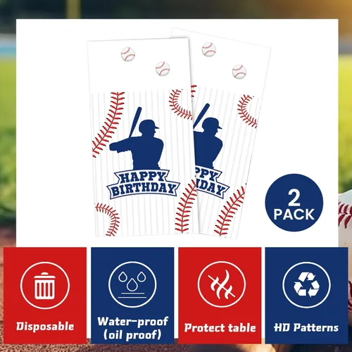 Vista 3 de Paquete de 2 manteles de béisbol de plástico de 54 x 108 pulgadas, decoraciones de fiesta de béisbol, mantel desechable rectangular para mesa