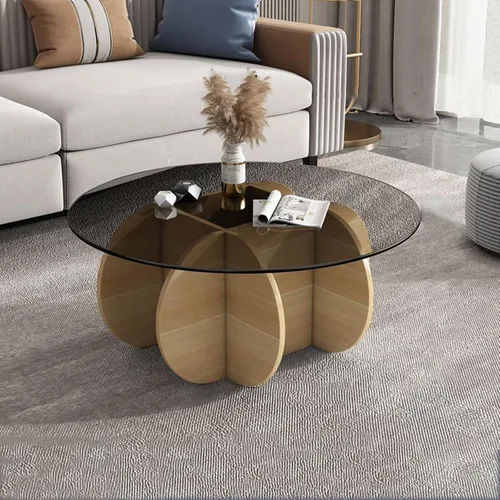 Vista 17 de HM&DX Mesa auxiliar redonda de cristal, base de madera maciza y parte superior de vidrio templado transparente, mesa auxiliar de café, mesa central
