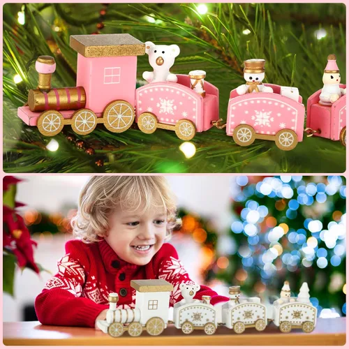 Vista 5 de Syhood 4 piezas de tren de madera rosa de Navidad mini decoración de tren pintado alrededor del árbol para niños, adorno de escritorio de madera