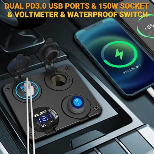 Vista 3 de Panel de Enchufe de Salida USB 12V: (4 en 1) Cargador USB C 12V de 58W Dual PD3.0 150W Enchufe de Encendedor de Cigarrillos Marino 12V Divisor