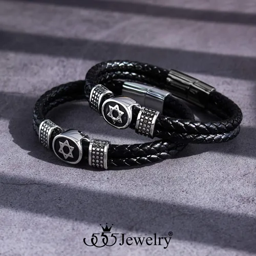 Vista 6 de 555Jewelry - Pulsera de piel trenzada de acero inoxidable con diseño de estrella de David para hombre