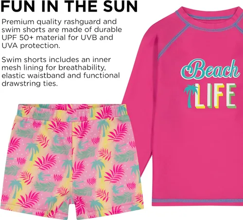 Vista 7 de Disney Girls' Frozen & Minnie Mouse 4-Piece Kids Set, Long Sleeves Rash Guard, Swim Shorts, Glasses & Bucket Hat Ages 3-8