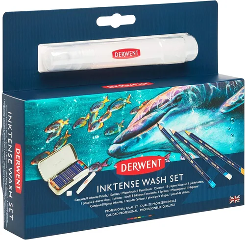 Vista 5 de Derwent Inktense Wash Set, juego incluye 8 lápices Inktense, 1 pulverizador, 1 pincel de agua, 1 pincel de pintura, núcleo redondo premium de 4mm