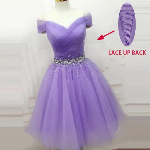 Vista 4 de Vestidos de tul para fiesta de exalumnos para adolescentes, hombros descubiertos, vestidos cortos de graduación, vestidos de cóctel con cuentas