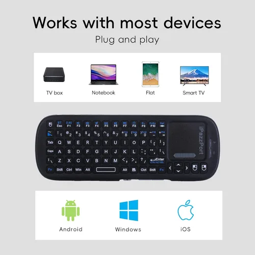 Vista 3 de iPazzPort Mini teclado inalámbrico con panel táctil, Bluetooth y 2.4GHz Touchpad • 2.4GHz USB y Bluetooth • Batería AAA • Receptor USB incluido