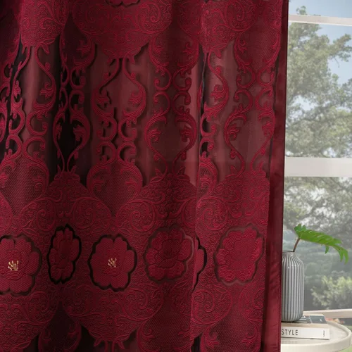 Vista 3 de Petrichor Cortinas de gasa jacquard transparente borgoña (54 pulgadas de ancho x 63 pulgadas de largo), 2 paneles con cenefa adjunta, diseño floral