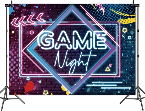 Vista 4 de Fondos de fotografía con temática de noche de juegos, fondo de fotos de neón brillante, 5 x 3 pies, para juegos en fiestas de cumpleaños, pijamadas