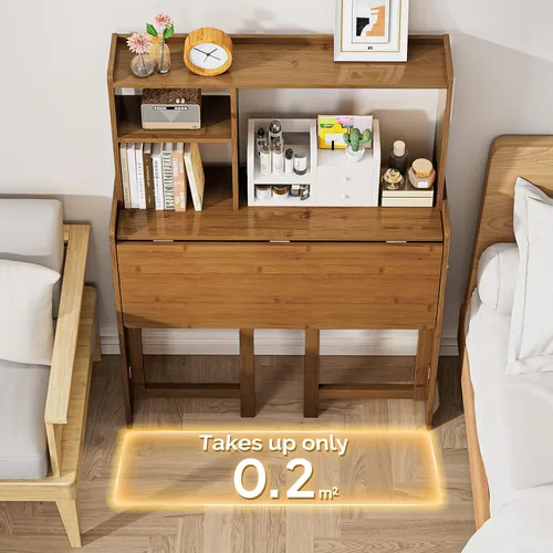 Vista 3 de Escritorio plegable de bambú de 31.1 pulgadas con estantería, escritorio compacto para computadora para espacios pequeños, escritorio plegable