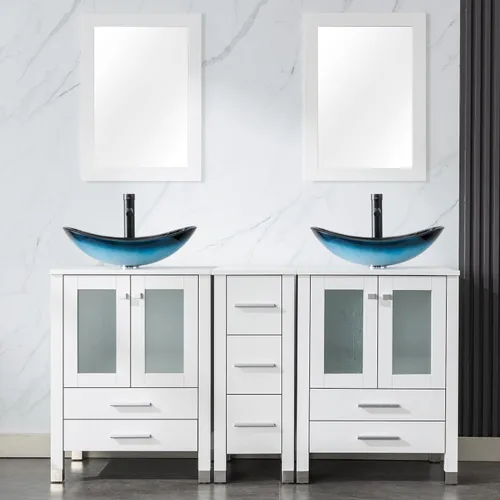 Vista 13 de LUCKWIND 60" Double 24" Bathroom Vanity with Sink Combo, Elegant Series with One 12.6-in Side Cabinet, Painted Frame, Including Tempered Glass Round