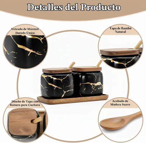 Vista 4 de EIMQUVW Juego de 2 tarros de cerámica de mármol para condimentos, cuencos de sal de azúcar y condimentos con tapas de madera, cuchara de madera