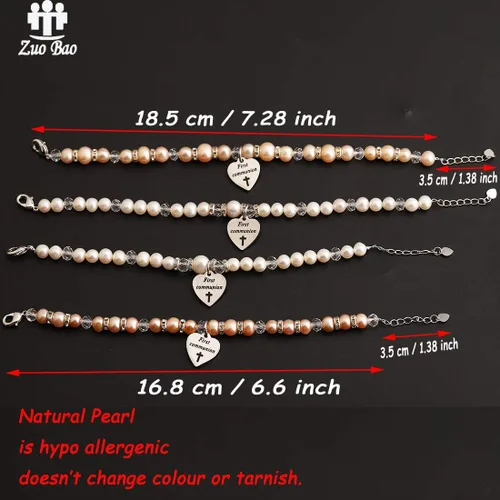 Vista 6 de Zuo Bao Regalo de primera comunión para niñas, pulsera de la primera comunión, pulsera de perlas con cruz para la primera comunión, joyería