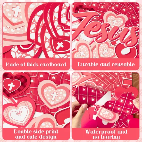 Vista 4 de CY2SIDE Juego de 99 piezas de recortes para tablón de anuncios, diseño de corazón rojo de Pascua, cruz plegable, etiquetas de nombre para la escuela