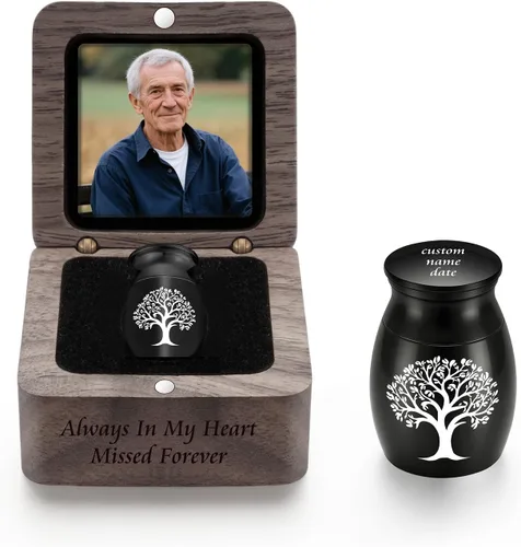 Vista 13 de SOITIS Urnas pequeñas para cenizas humanas, recuerdo de acero inoxidable, mini urnas para cenizas humanas, caja de madera para compartir cenizas