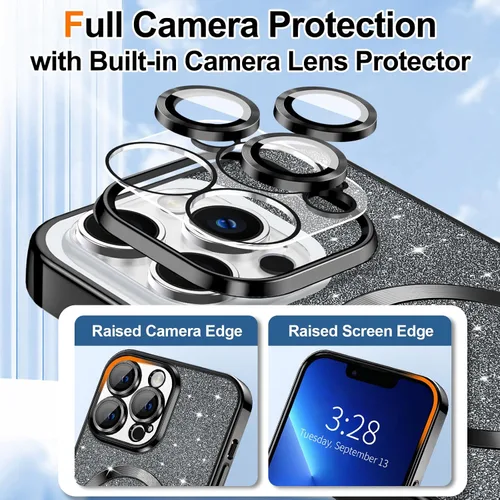 Vista 3 de Hython Funda para iPhone 13 Pro Max con purpurina, fundas magnéticas transparentes para teléfono con protector de lente de cámara