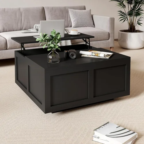 Vista 7 de HedoAjim Mesa de centro elevable con almacenamiento, mesa de centro cuadrada negra de 31.5 pulgadas con gran almacenamiento oculto, mesa central