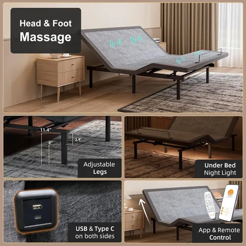 Vista 2 de ESHINE Base de cama ajustable + colchón híbrido de 14 pulgadas Twin XL (Suave Medio) - Espuma viscoelástica de gel de lujo, bases de cama