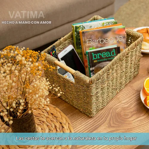 Vista 9 de Cesta de hierba marina natural con mango de madera, cesta de mimbre rectangular mediana para sala de estar, 12.2 x 8.9 x 6.7 pulgadas, paquete de 3