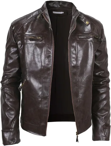 Vista 3 de Aipengry Chaqueta de piel sintética para hombre, cuello alto, piel sintética, con cremallera completa, chaqueta casual para motocicleta, abrigo