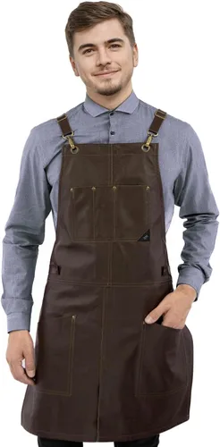 Vista 8 de Under NY Sky Delantal de cuero – correas cruzadas, pierna dividida, remachado, forrado – Piel auténtica para barberos, chef, camarero, barista Negro