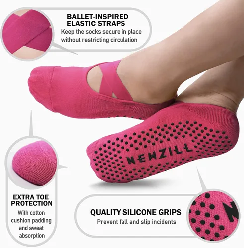 Vista 3 de NEWZILL Calcetines de yoga antideslizantes 2024 para mujer, calcetines de agarre con cojín para pilates, barre, ballet, danza, hospital (3 pares)