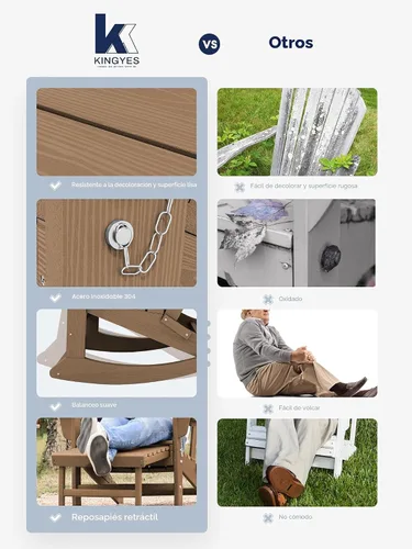 Vista 6 de KINGYES Silla mecedora Adirondack con otomano retráctil y portavasos, silla reclinable de patio Adirondack de HDPE para porche, patio, balcón, Teca