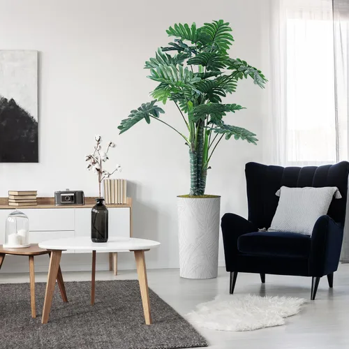 Vista 8 de Árbol artificial en macetero con efecto de mármol blanco, palmera tropical areca artificial de seda para decoración del hogar en interiores