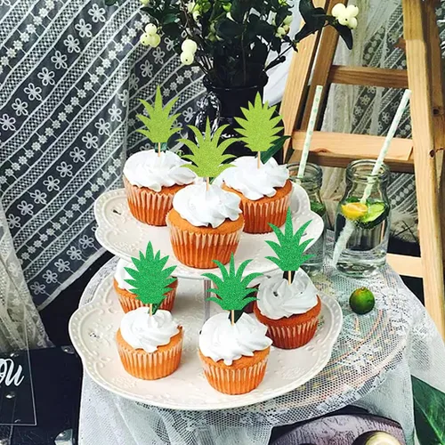Vista 3 de Ercadio Paquete de 24 adornos para cupcakes de piña, color verde, con purpurina, dona, piña, cupcakes, hawaiano, tropical, divertido, tema de piña
