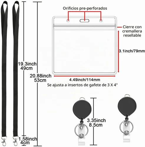 Vista 2 de 2 cordones negros con soporte horizontal para tarjetas de identificación de 4 x 3, carrete retráctil Cordón de cuello plano con gancho de metal