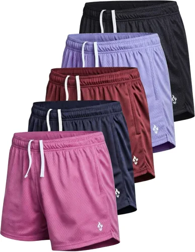 Vista 10 de Liberty Imports Paquete de 5 pantalones cortos deportivos de malla para mujer, entrepierna de 5 pulgadas, pantalones cortos sueltos con bolsillos